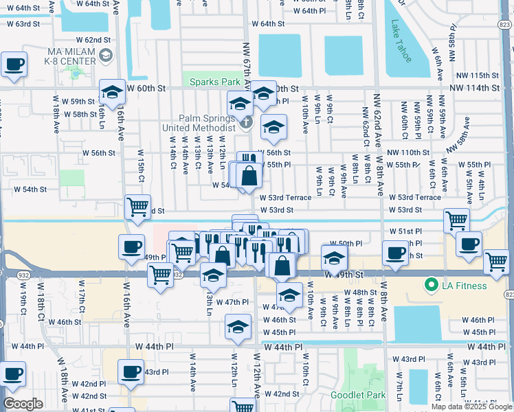 map of restaurants, bars, coffee shops, grocery stores, and more near 1191 West 53rd Street in Hialeah