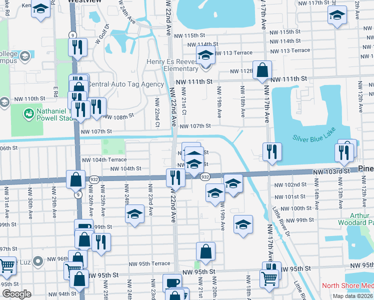 map of restaurants, bars, coffee shops, grocery stores, and more near 2155 Northwest 105th Street in Miami
