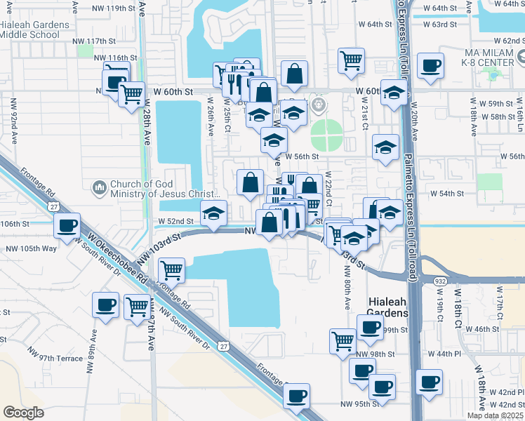 map of restaurants, bars, coffee shops, grocery stores, and more near 5211 West 24th Way in Hialeah