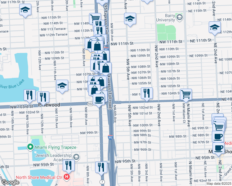 map of restaurants, bars, coffee shops, grocery stores, and more near 10408 Northwest 6th Avenue in Miami