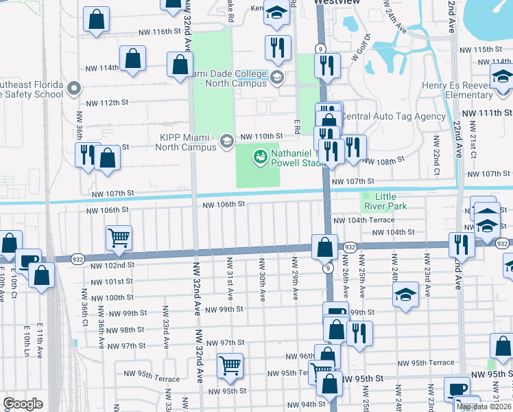 map of restaurants, bars, coffee shops, grocery stores, and more near 10596 Northwest 30th Avenue in Miami