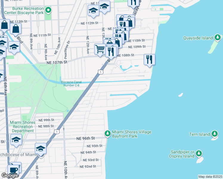 map of restaurants, bars, coffee shops, grocery stores, and more near 1321 Northeast 103rd Street in Miami Shores