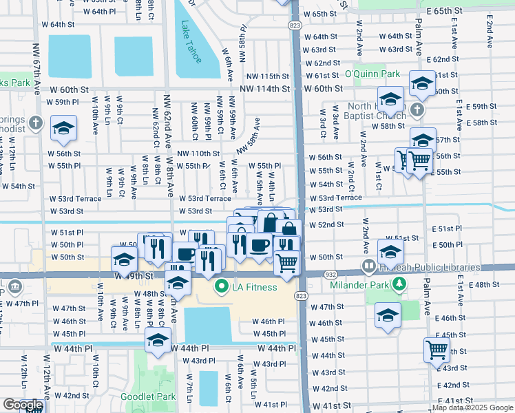 map of restaurants, bars, coffee shops, grocery stores, and more near 521 West 53rd Street in Hialeah