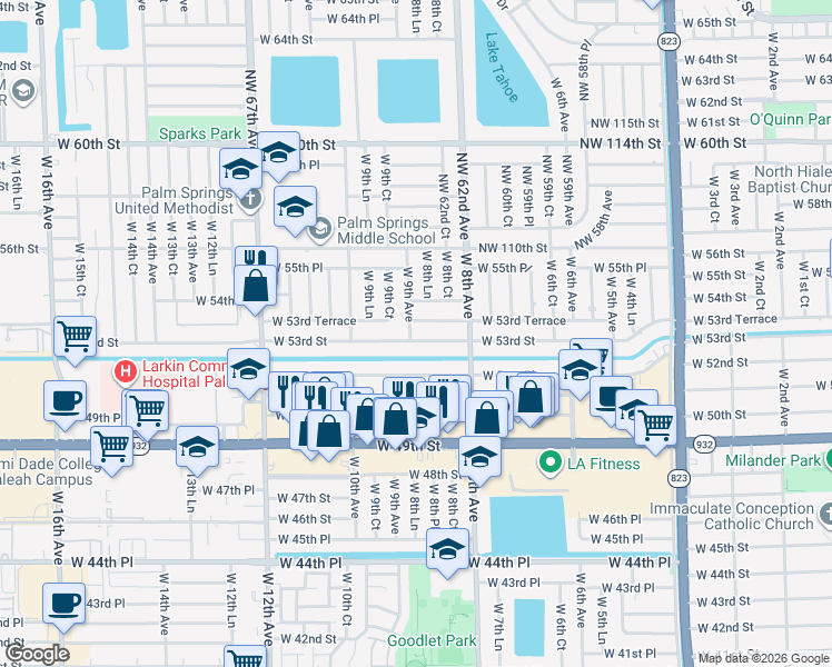 map of restaurants, bars, coffee shops, grocery stores, and more near 891 West 53rd Street in Hialeah