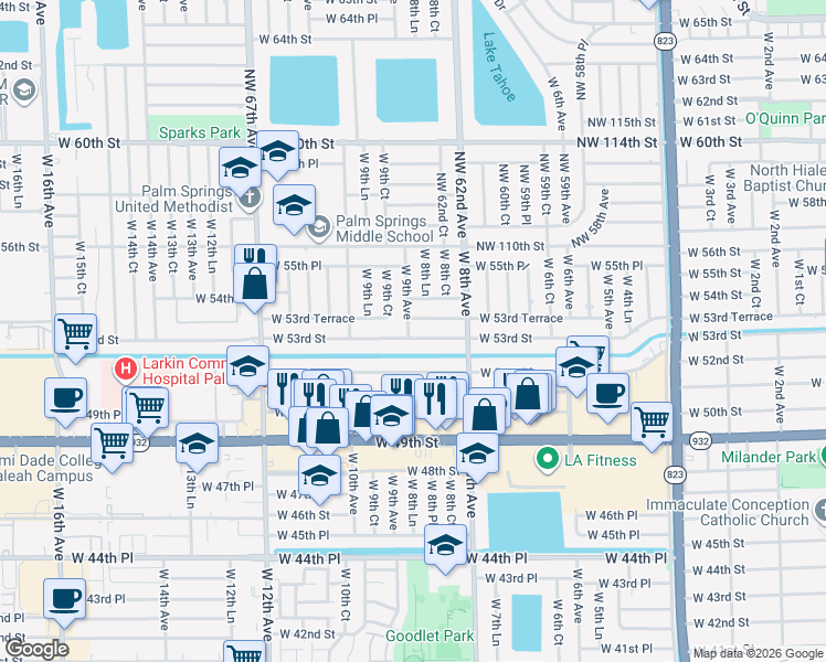 map of restaurants, bars, coffee shops, grocery stores, and more near 891 West 53rd Street in Hialeah