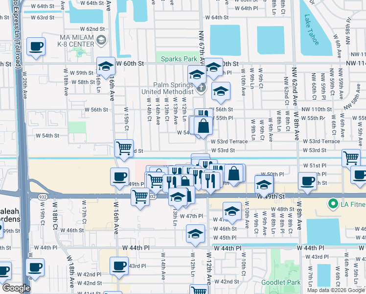 map of restaurants, bars, coffee shops, grocery stores, and more near 1305 West 53rd Street in Hialeah