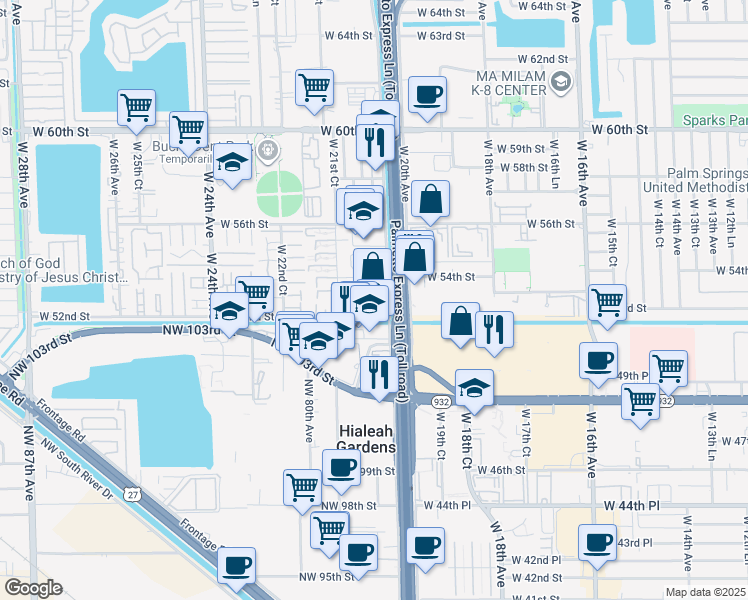 map of restaurants, bars, coffee shops, grocery stores, and more near 5250 West 20th Avenue in Hialeah