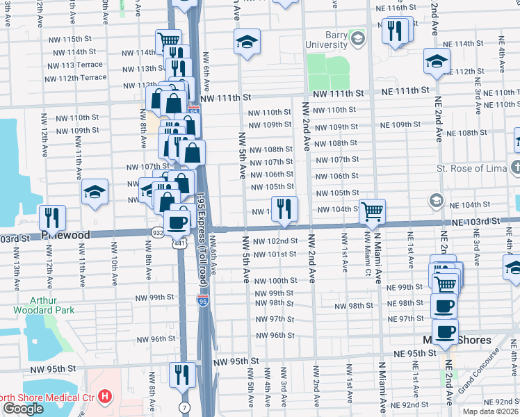 map of restaurants, bars, coffee shops, grocery stores, and more near 411 Northwest 104th Street in Miami