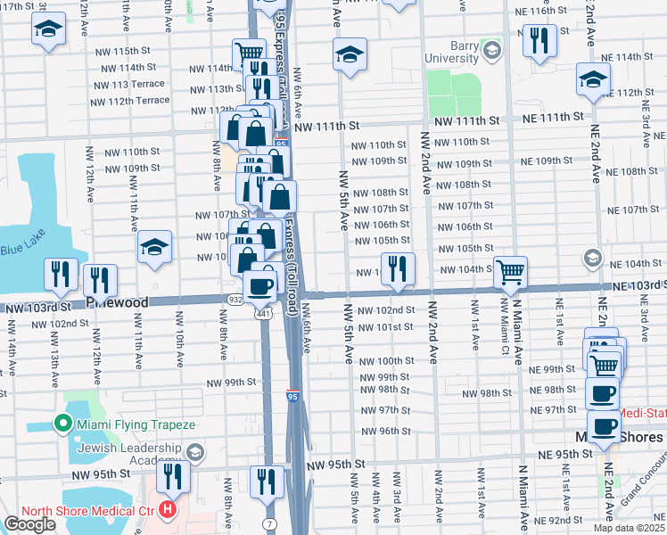 map of restaurants, bars, coffee shops, grocery stores, and more near 521 NW 104th St in Miami