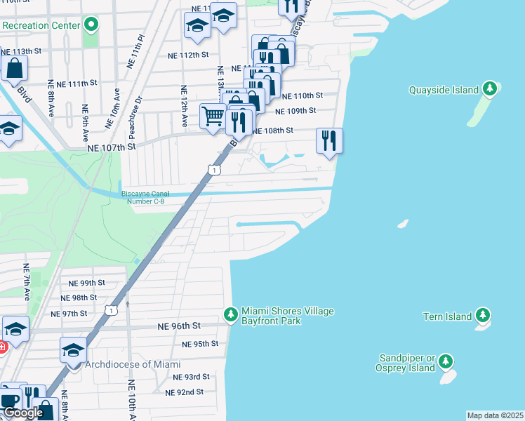map of restaurants, bars, coffee shops, grocery stores, and more near 1371 Northeast 103rd Street in Miami Shores