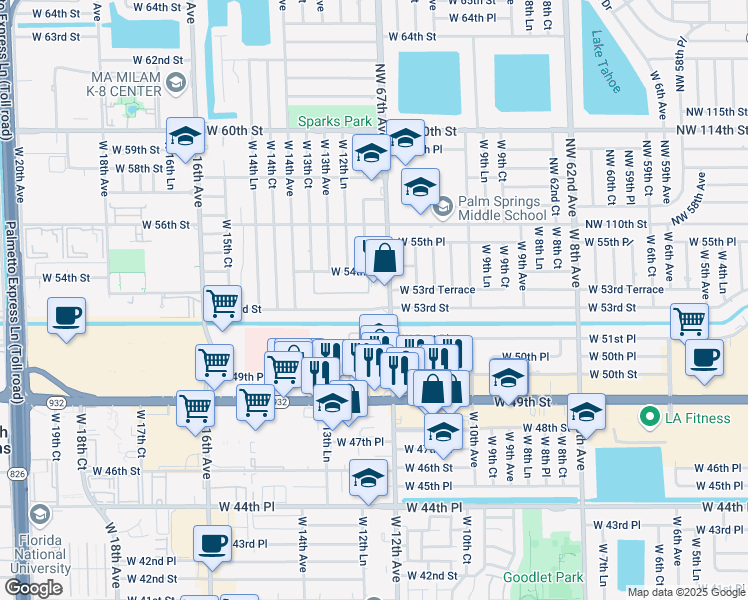 map of restaurants, bars, coffee shops, grocery stores, and more near 1255 West 53rd Street in Hialeah