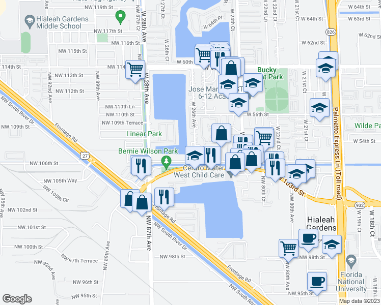 map of restaurants, bars, coffee shops, grocery stores, and more near 5248 West 26th Court in Hialeah