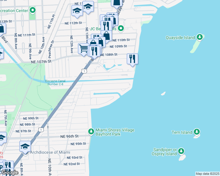 map of restaurants, bars, coffee shops, grocery stores, and more near 1421 Northeast 103rd Street in Miami Shores