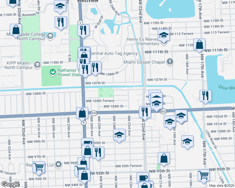 map of restaurants, bars, coffee shops, grocery stores, and more near 2399 Northwest 105th Street in Miami
