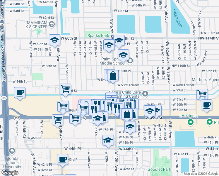 map of restaurants, bars, coffee shops, grocery stores, and more near 1191 West 53rd Street in Hialeah