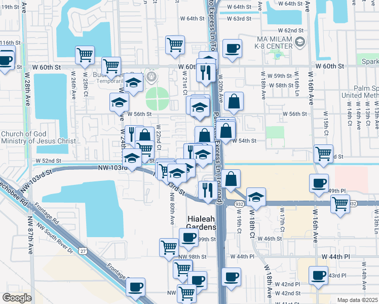 map of restaurants, bars, coffee shops, grocery stores, and more near 2108 West 53rd Street in Hialeah
