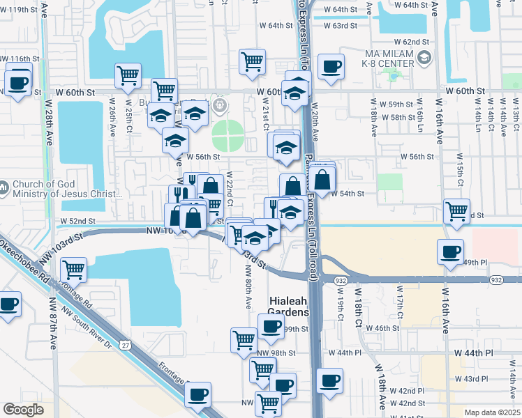 map of restaurants, bars, coffee shops, grocery stores, and more near 5290 West 53rd Street in Hialeah