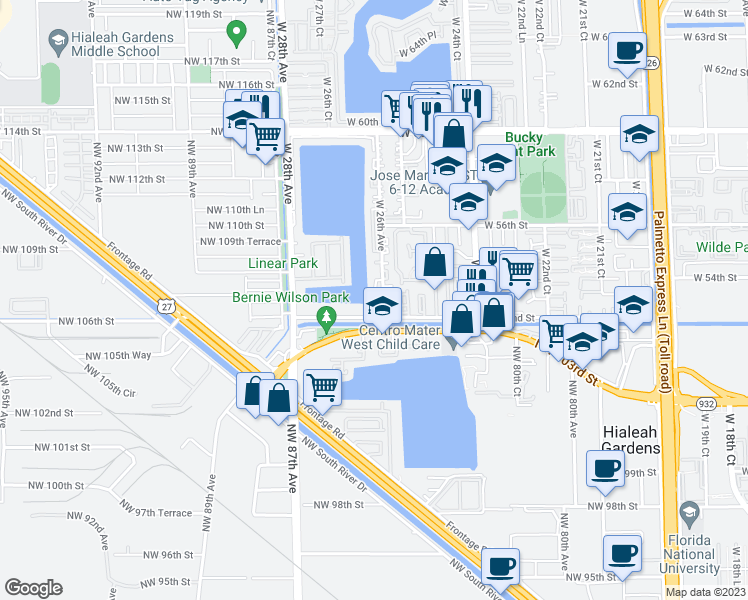 map of restaurants, bars, coffee shops, grocery stores, and more near 5248 West 26th Court in Hialeah