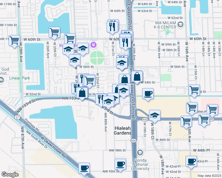 map of restaurants, bars, coffee shops, grocery stores, and more near 5290 West 53rd Street in Hialeah