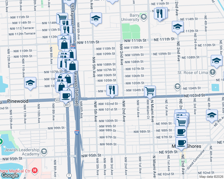 map of restaurants, bars, coffee shops, grocery stores, and more near 281 Northwest 104th Street in Miami