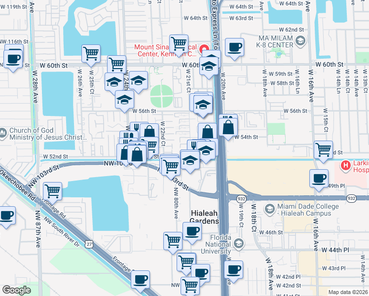 map of restaurants, bars, coffee shops, grocery stores, and more near 5290 West 53rd Street in Hialeah