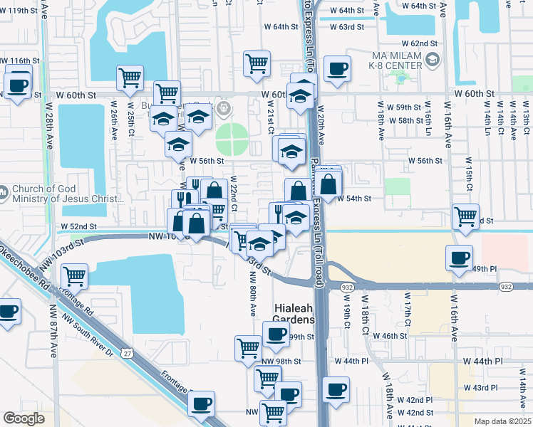 map of restaurants, bars, coffee shops, grocery stores, and more near 5290 West 53rd Street in Hialeah