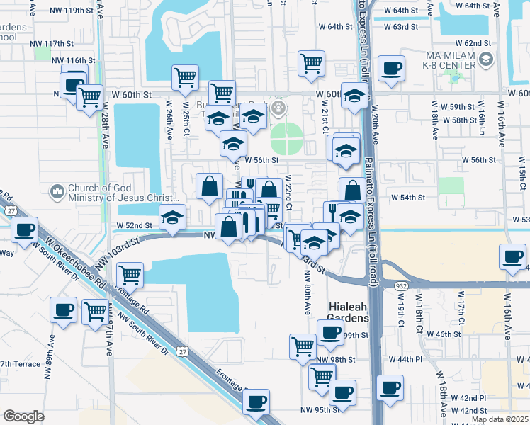 map of restaurants, bars, coffee shops, grocery stores, and more near 2311 West 52nd Street in Hialeah