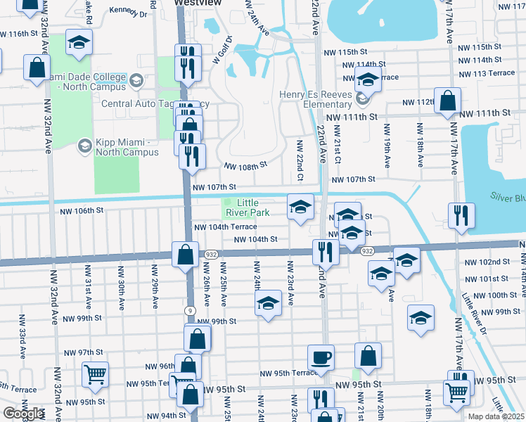 map of restaurants, bars, coffee shops, grocery stores, and more near 2399 NW 105th St in Miami