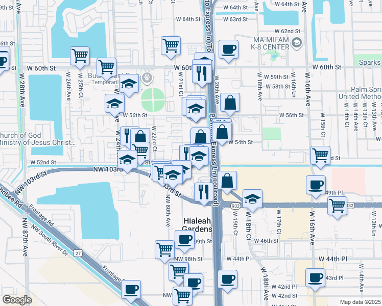 map of restaurants, bars, coffee shops, grocery stores, and more near 2108 West 53rd Street in Hialeah