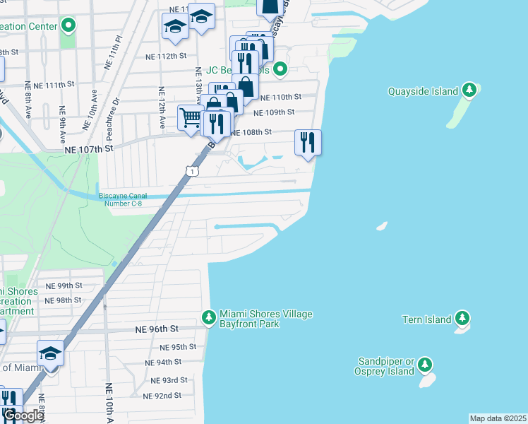 map of restaurants, bars, coffee shops, grocery stores, and more near 1421 Northeast 103rd Street in Miami Shores