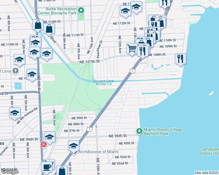 map of restaurants, bars, coffee shops, grocery stores, and more near 1090 Northeast 104th Street in Miami Shores