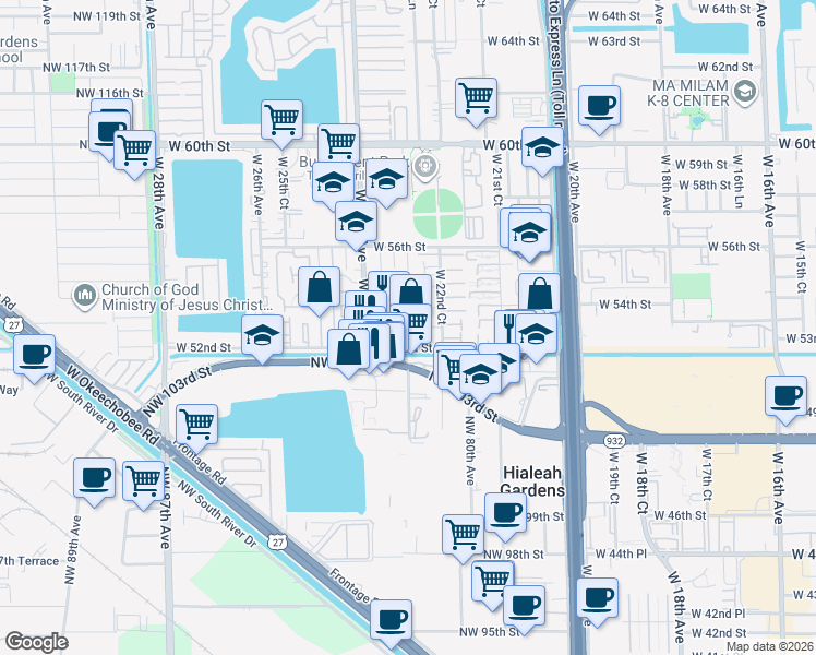 map of restaurants, bars, coffee shops, grocery stores, and more near 2307 West 52nd Street in Hialeah