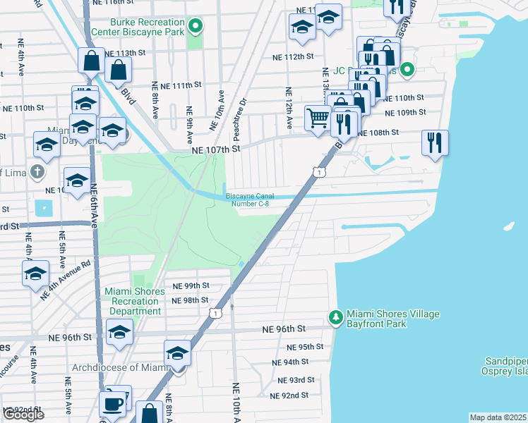 map of restaurants, bars, coffee shops, grocery stores, and more near 1090 Northeast 104th Street in Miami Shores