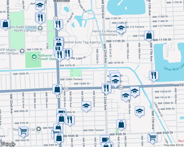 map of restaurants, bars, coffee shops, grocery stores, and more near 2301 Northwest 105th Street in Miami