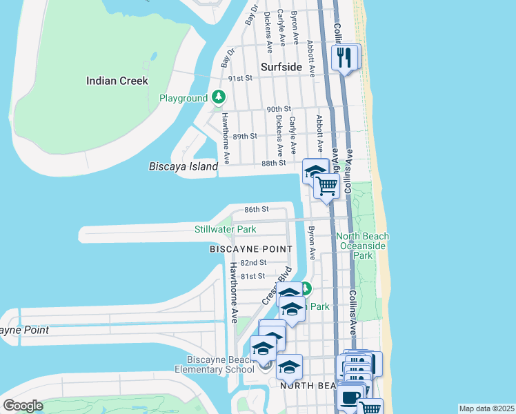 map of restaurants, bars, coffee shops, grocery stores, and more near 731 86th Street in Miami Beach