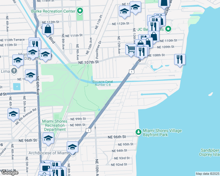 map of restaurants, bars, coffee shops, grocery stores, and more near 1090 Northeast 104th Street in Miami Shores