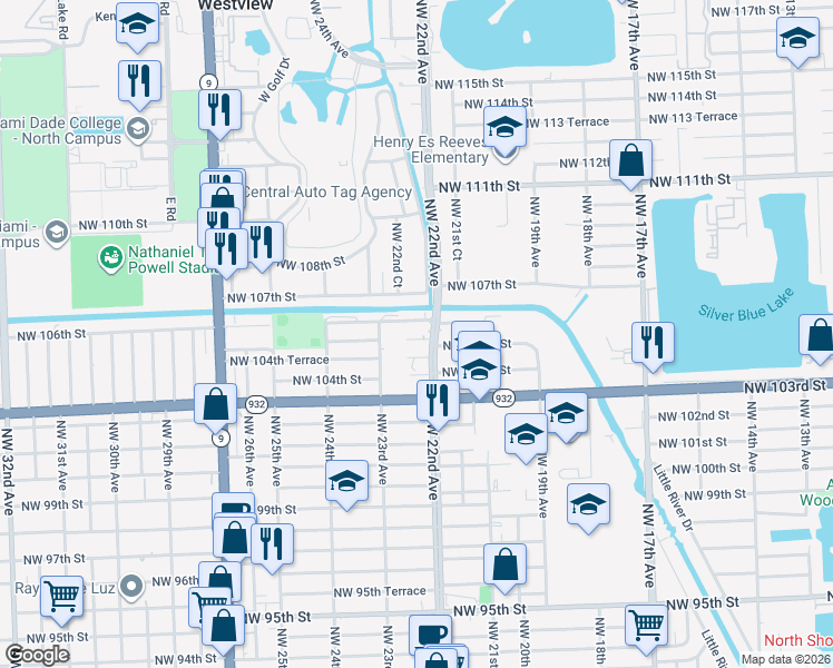 map of restaurants, bars, coffee shops, grocery stores, and more near 2225 Northwest 105th Street in Miami