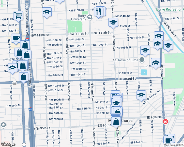 map of restaurants, bars, coffee shops, grocery stores, and more near 15 Northeast 104th Street in Miami Shores