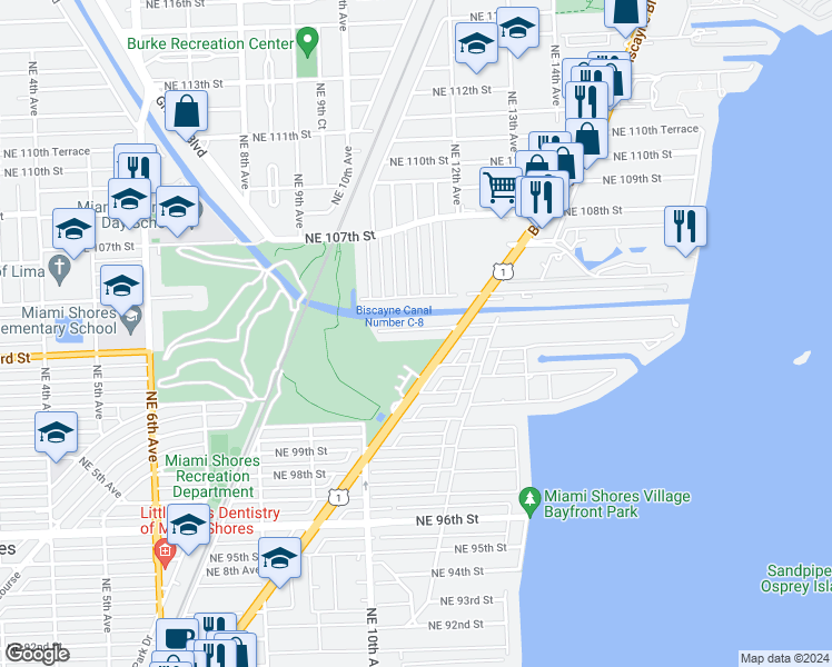 map of restaurants, bars, coffee shops, grocery stores, and more near 1090 Northeast 104th Street in Miami Shores