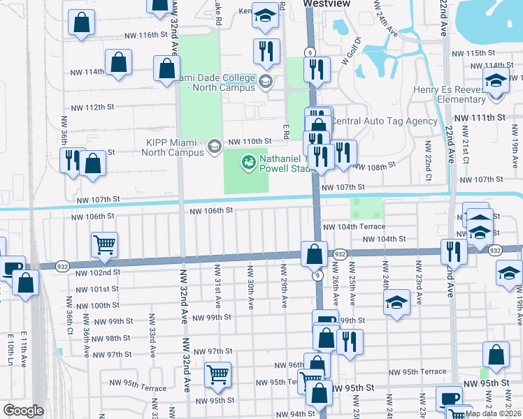 map of restaurants, bars, coffee shops, grocery stores, and more near 10540 Northwest 29th Avenue in Miami