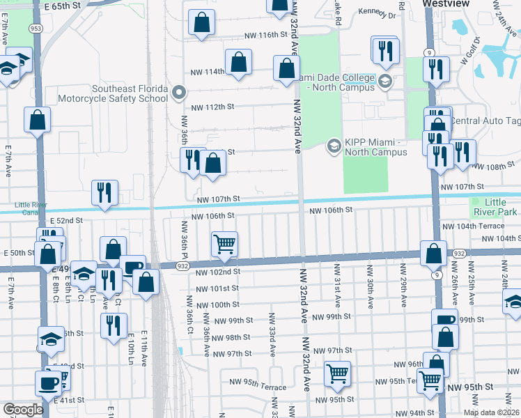 map of restaurants, bars, coffee shops, grocery stores, and more near 3295 Northwest 106th Street in Miami