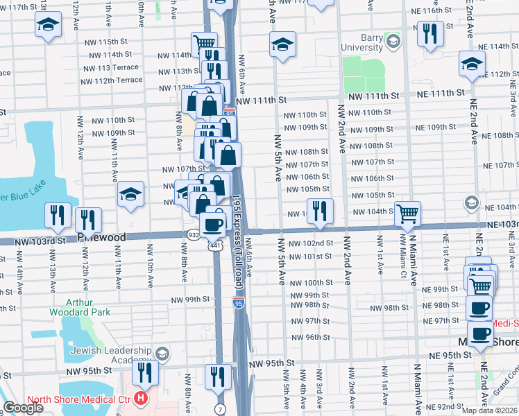 map of restaurants, bars, coffee shops, grocery stores, and more near 521 Northwest 104th Street in Miami