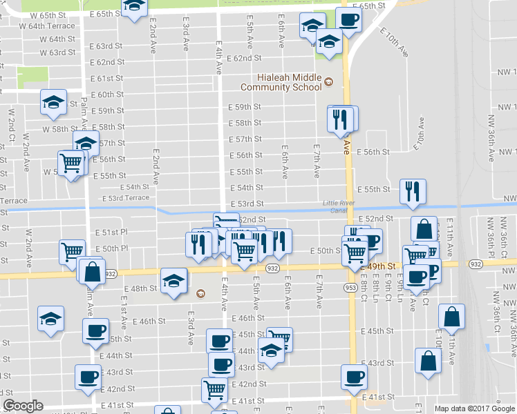 map of restaurants, bars, coffee shops, grocery stores, and more near 510 East 53rd Street in Hialeah