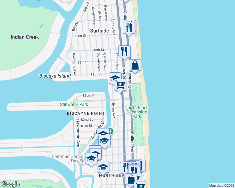 map of restaurants, bars, coffee shops, grocery stores, and more near in Miami Beach