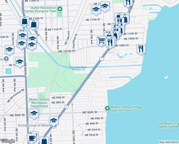 map of restaurants, bars, coffee shops, grocery stores, and more near 1155 Northeast 103rd Street in Miami Shores