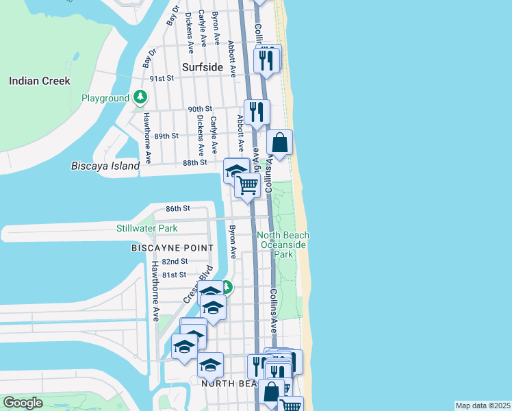 map of restaurants, bars, coffee shops, grocery stores, and more near 8531 Harding Avenue in Miami Beach
