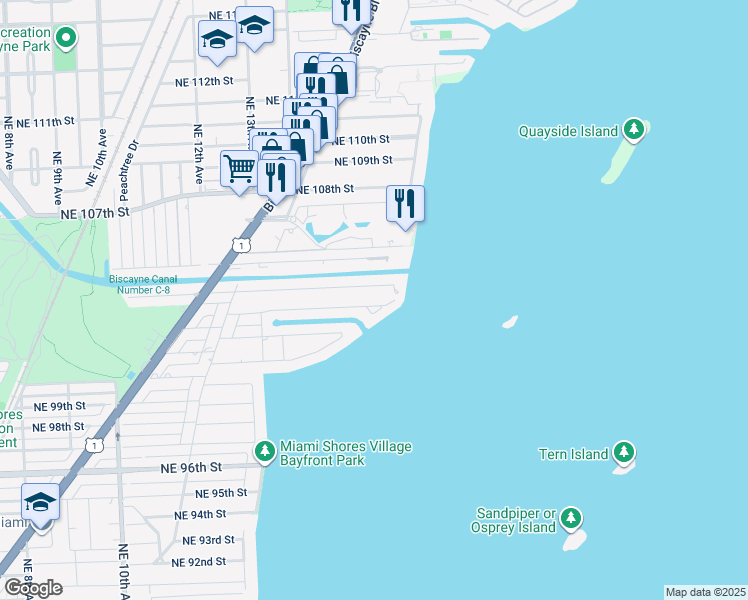 map of restaurants, bars, coffee shops, grocery stores, and more near 1551 Northeast 103rd Street in Miami Shores