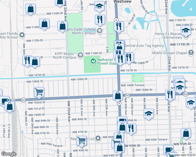 map of restaurants, bars, coffee shops, grocery stores, and more near 10540 Northwest 29th Avenue in Miami
