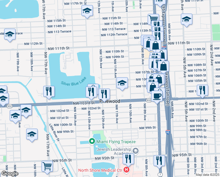 map of restaurants, bars, coffee shops, grocery stores, and more near 1145 Northwest 105th Street in Miami