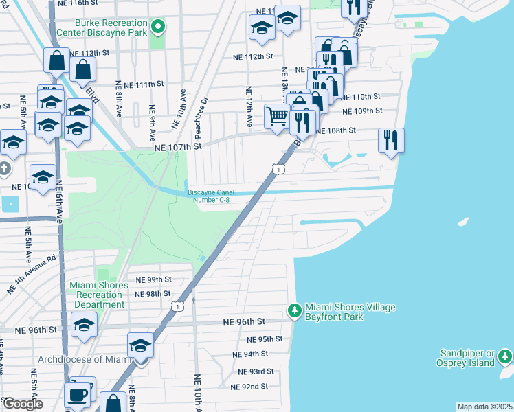 map of restaurants, bars, coffee shops, grocery stores, and more near 1155 Northeast 103rd Street in Miami Shores